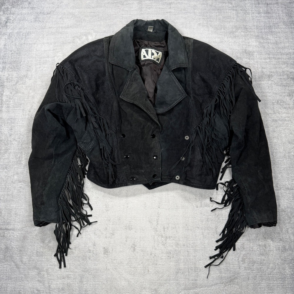 Vintage Suede Leather Jacket Womens Medium Black 80s Cropped Western Fringe Moto